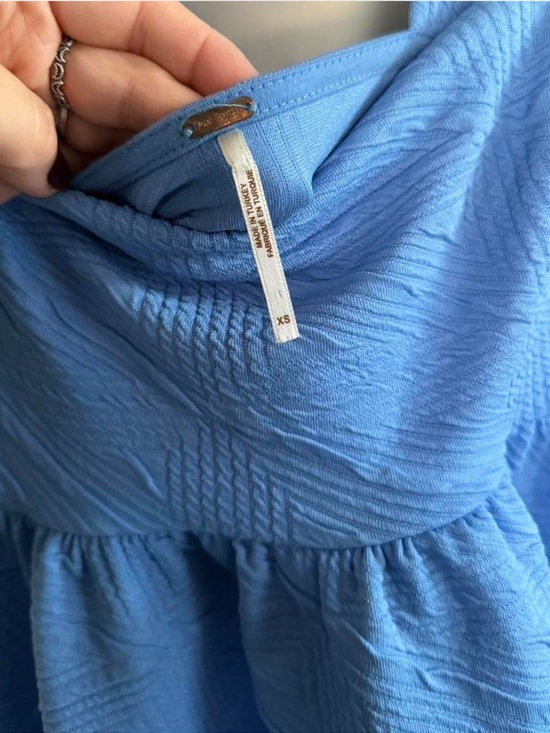 Free People Violet Blue Textured Puff Sleeve Babydoll Mini Dress - Picture 5 of 7